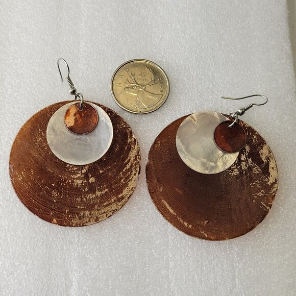 Shell Discs Metallic Copper Color Earrings Dangle Beach Boho Tribal Tropical - Picture 6 of 11